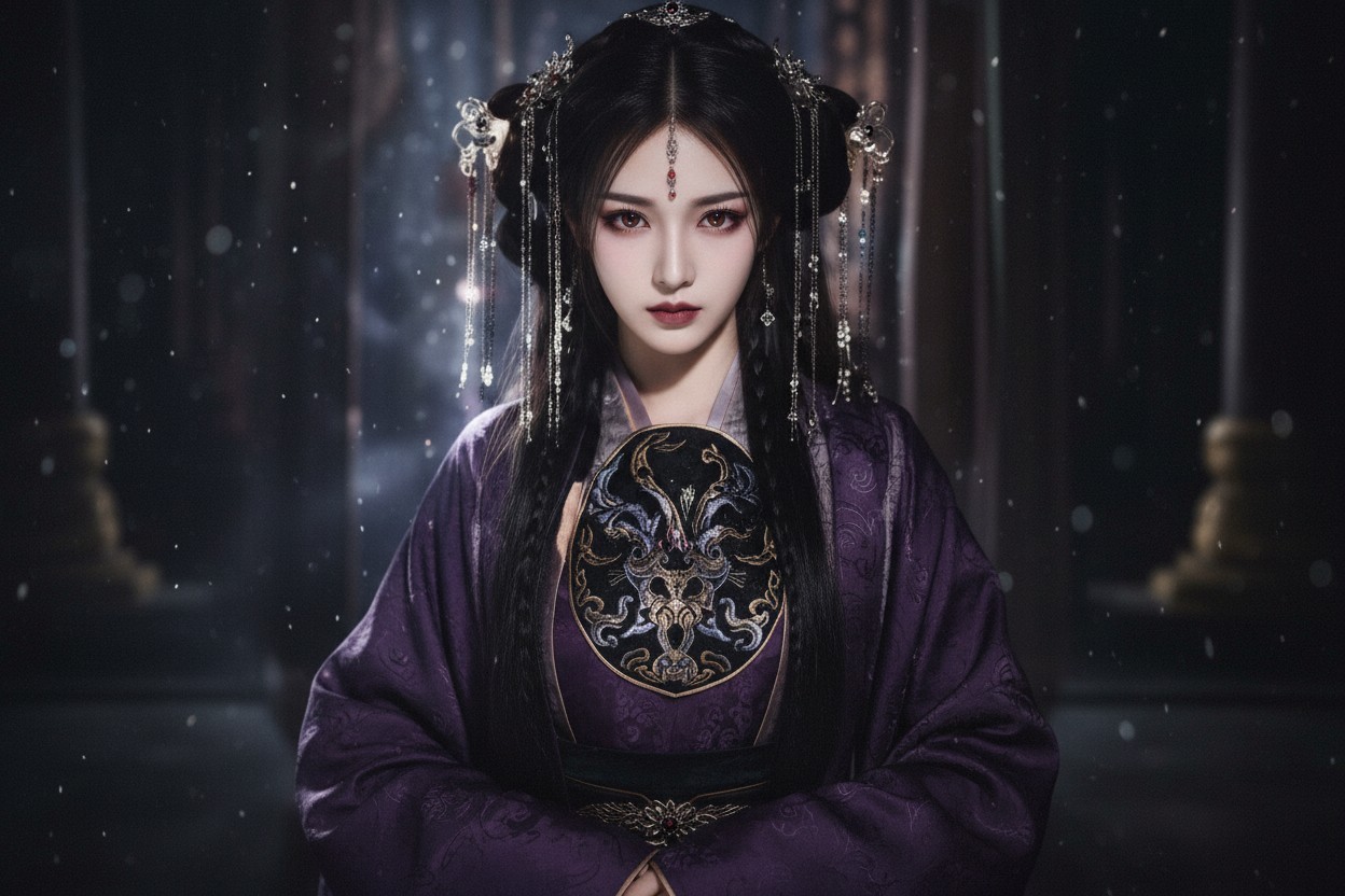 Dark fantasy Chinese woman in ornate purple silk hanfu with gold embroidery holding carved wooden mask