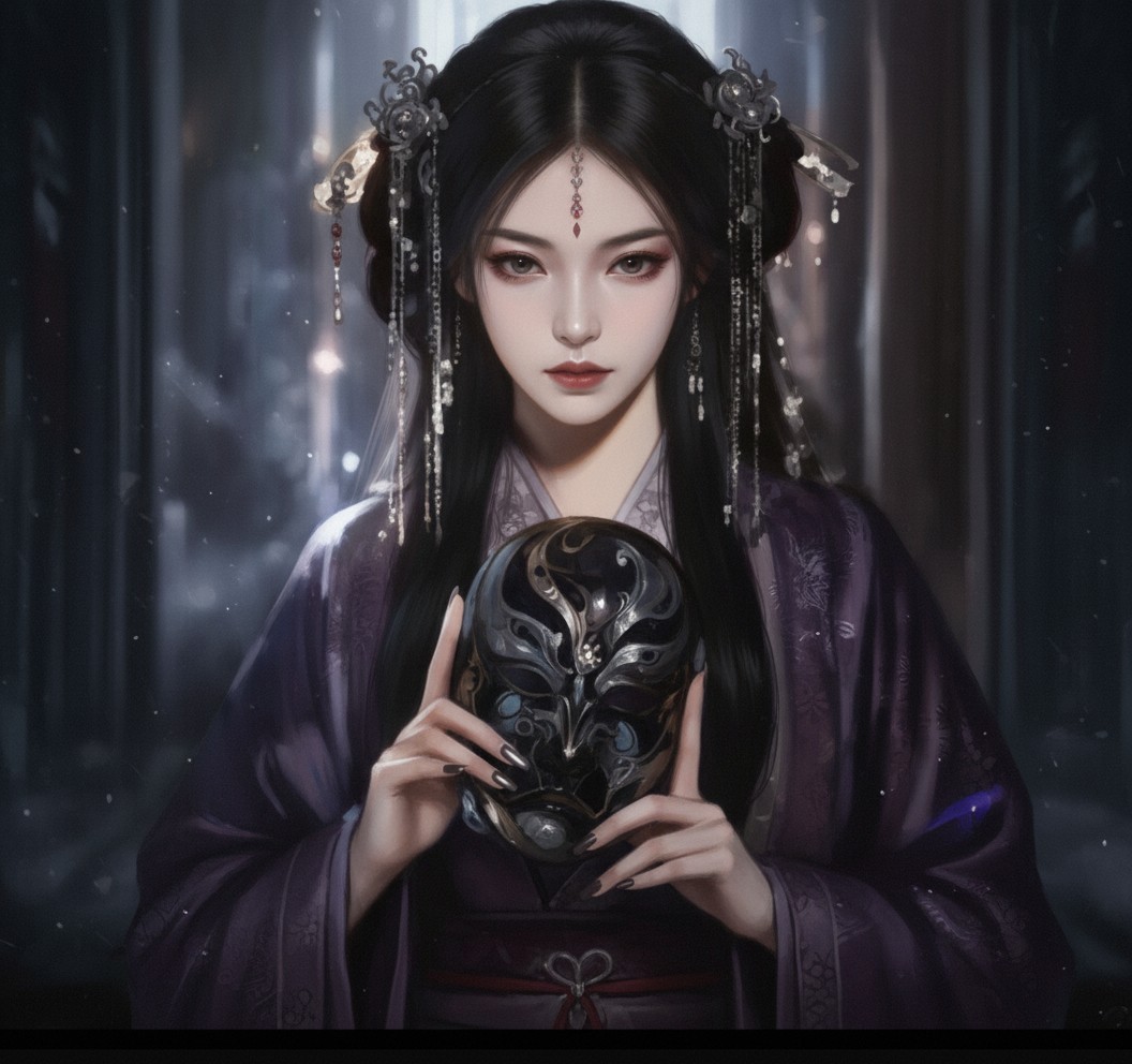 Portrait of person in ornate headdress with red gemstones against dark background