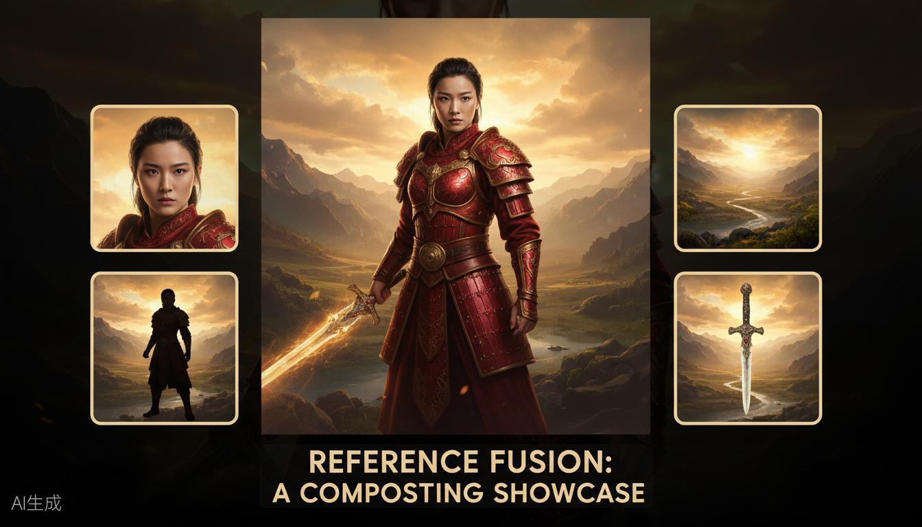 Multi-reference image blending demonstration showing character portrait, style reference, pose reference and product reference fused into one cohesive image