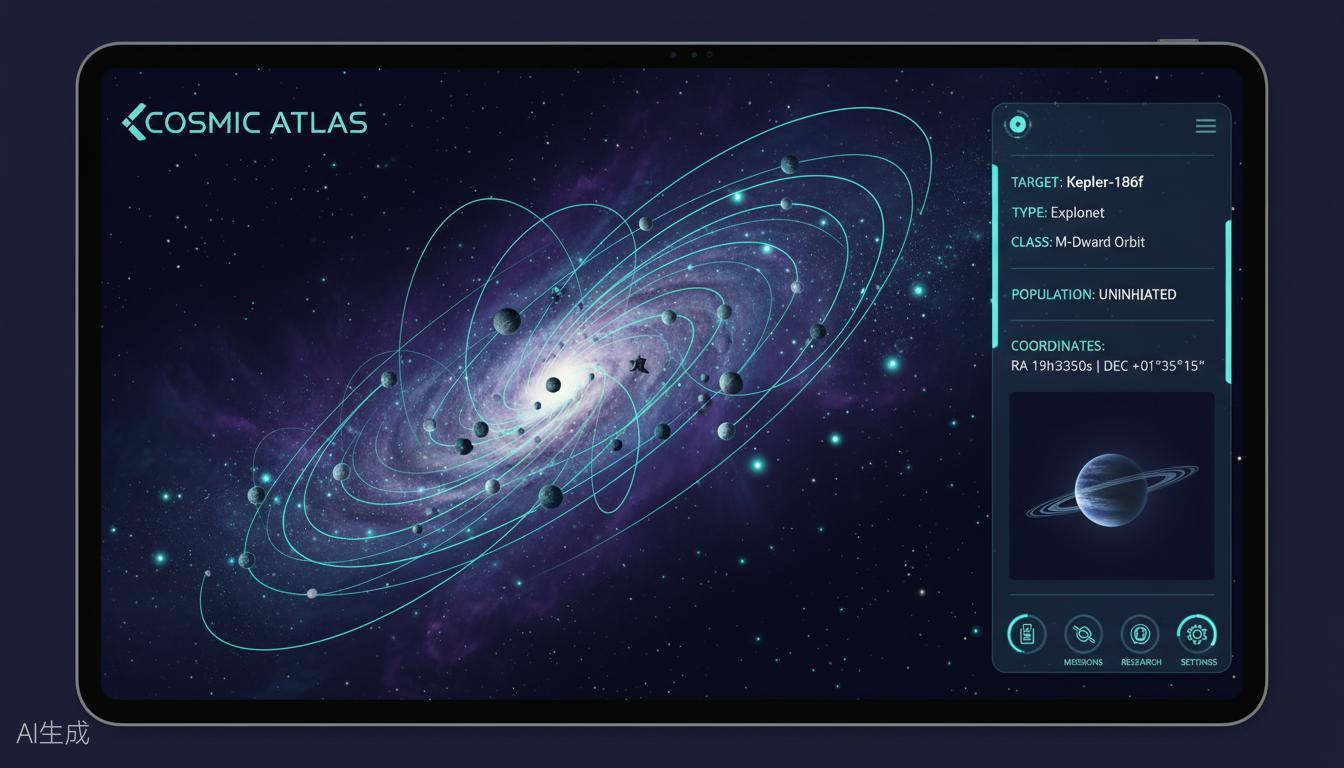Dark theme space visualization app interface showing galaxy map with nebula clouds