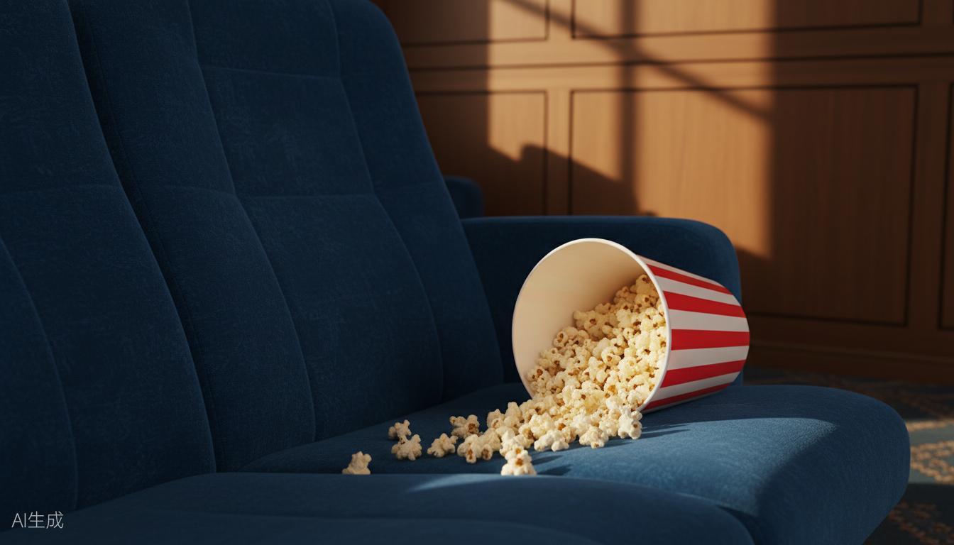 4K resolution demonstration showing spilled popcorn on blue velvet cinema seat with dramatic golden lighting