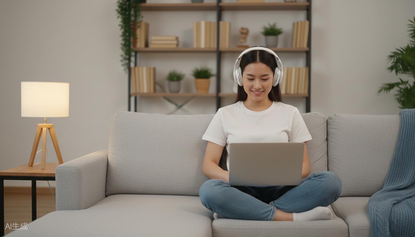 Reference image of woman with headphones for background replacement demo